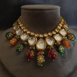 FINEST QUALITY KUNDAN CHOKER WITH SEMI PRECIOUS STONE HANGINGS AND EARRINGS