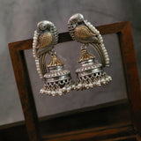 TRIBAL SILVER PLATED DUAL TONE BIRD EARRINGS