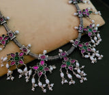 REAL SILVER EXCLUSIVE NECKPIECE WITH REAL KEMP STONE AND PEARL HANGINGS