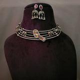TRIBAL SILVER PLATED FUSION HASLI CHOKER WITH EARRINGS