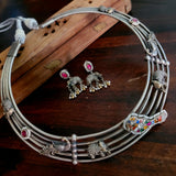 TRIBAL SILVER PLATED FUSION HASLI CHOKER WITH EARRINGS