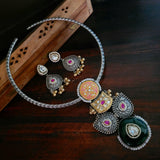 TRIBAL SILVER PLATED DESIGNER NECKLACE WITH EARRINGS