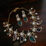 FINEST QUALITY POLKI KUNDAN MULTI COLOR STONE CHOKER WITH EARRINGS