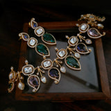 FINEST QUALITY POLKI KUNDAN MULTI COLOR STONE CHOKER WITH EARRINGS