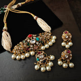 DESIGNER POLKI KUNDAN NAVRATAN CHOKER WITH EARRINGS