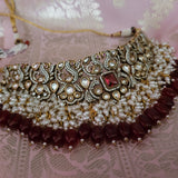 VICTORIAN KUNDAN CHOKER WITH EARRINGS IN ANTIQUE FINISH