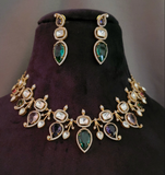 FINEST QUALITY POLKI KUNDAN MULTI COLOR STONE CHOKER WITH EARRINGS