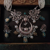 TRIBAL SILVER PLATER NECKLACE IN ANTIQUE FINISH WITH EARRINGS