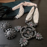TRIBAL REAL SILVER PLATED NECKLACE WITH EARRINGS IN ANTIQUE FINISH