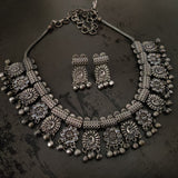 TRIBAL REAL SILVER PLATED NECKLACE WITH EARRINGS IN ANTIQUE FINISH