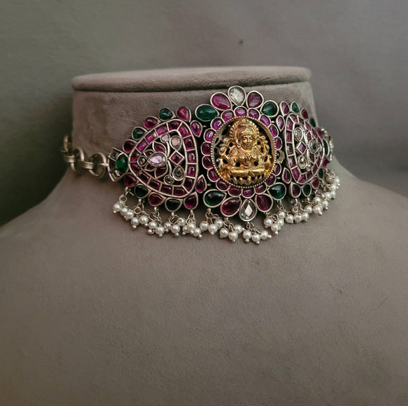 TRIBAL SILVER-PLATED ANTIQUE SILVER CHOKER WITH EARRINGS