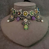 WEAR ME EXCLUSIVE TRIBAL SILVER PLATED SEMI PRECIOUS STONE HANGINGS CHOKER