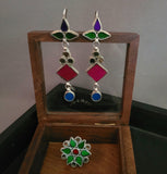 TRIBAL EARRINGS AND RING SET IN COLORED GLASS WORK