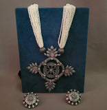 TRIBAL REAL SILVER PLATED NECKLACE WITH EARRINGS IN ANTIQUE FINISH