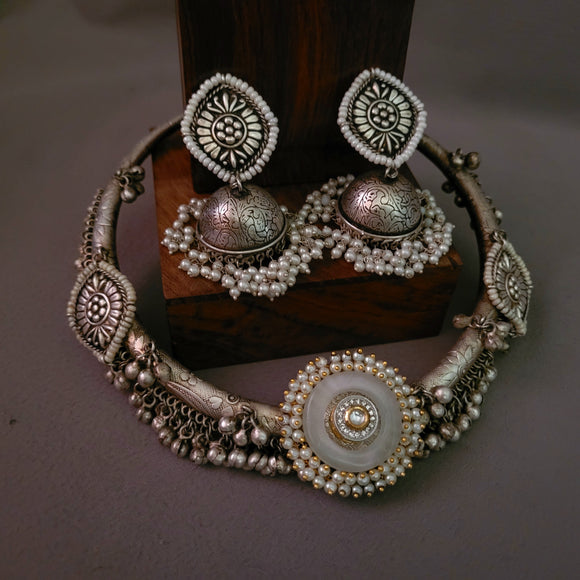 EXCLUSIVE TRIBAL SILVER PLATED DESIGNER HASLI WITH EARRINGS