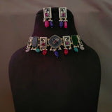 DESIGNER TRIBAL SILVER PLATED STONE CHOKER WITH EARRINGS