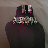 DESIGNER TRIBAL SILVER PLATED STONE CHOKER WITH EARRINGS