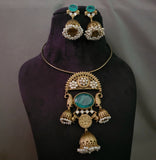 DESIGNER ANTIQUE GOLD PLATED DOUBLET STONE NECKPIECE WITH EARRINGS