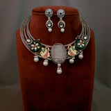 DESIGNER TRIBAL SILVER PLATED CHOKER WITH EARRINGS