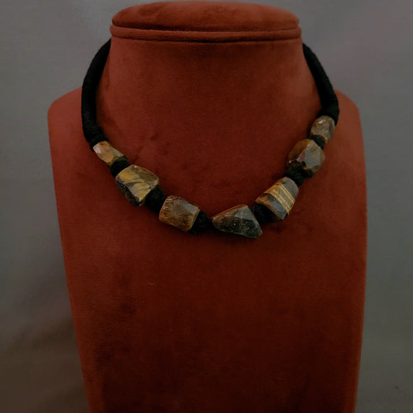 REAL TIGER EYE (UNCUT) STONE CHOKER IN THREAD WEAVING