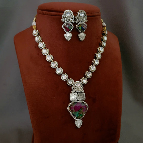 FINEST QUALITY POLKI KUNDAN DOUBLET STONE NECKPIECE WITH EARRINGS