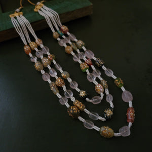DESIGNER REAL STONE AND ROSE QUARTZ THREE STRING NECKPIECE