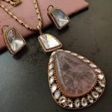 FINEST QUALITY POLKI KUNDAN AND ROSE QUARTZ PENDANT WITH STUDS