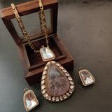 FINEST QUALITY POLKI KUNDAN AND ROSE QUARTZ PENDANT WITH STUDS