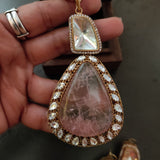 FINEST QUALITY POLKI KUNDAN AND ROSE QUARTZ PENDANT WITH STUDS