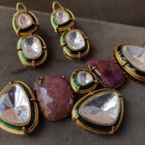 REAL SEMI PRECIOUS STONE AND POLKI KUNDAN DESIGNER CHOKER WITH EARRINGS