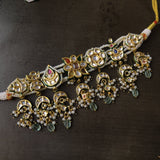 FINEST QUALITY DESIGNER BIKANERI KUNDAN CHOKER WITH EARRINGS AND REAL FLOURITE HANGING