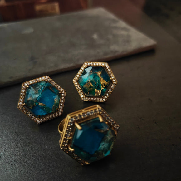 FINEST QUALITY DOUBLET STONE EARRINGS AND RING SET