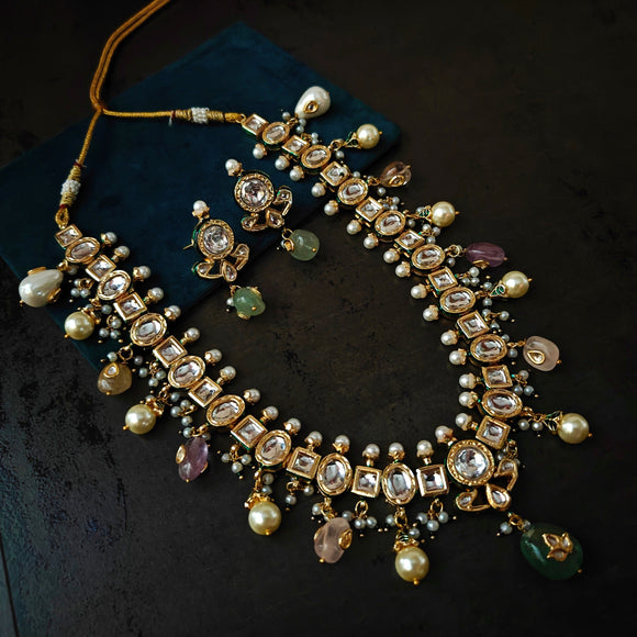 DESGINER KUNDAN NECKLACE WITH EARRINGS AND SEMI PRECIOUS STONE HANGINGS