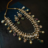 DESGINER KUNDAN NECKLACE WITH EARRINGS AND SEMI PRECIOUS STONE HANGINGS