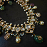 DESGINER KUNDAN NECKLACE WITH EARRINGS AND SEMI PRECIOUS STONE HANGINGS