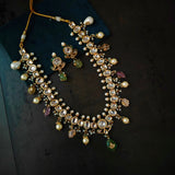 DESGINER KUNDAN NECKLACE WITH EARRINGS AND SEMI PRECIOUS STONE HANGINGS