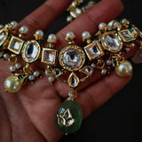 DESGINER KUNDAN NECKLACE WITH EARRINGS AND SEMI PRECIOUS STONE HANGINGS