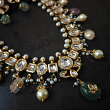DESGINER KUNDAN NECKLACE WITH EARRINGS AND SEMI PRECIOUS STONE HANGINGS