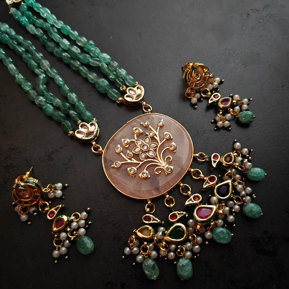 EXCLUSIVE ROSE QUARTZ KUNDAN JADAU PENDANT WITH SEMI PRECIOUS STONE STRING AND HANGINGS