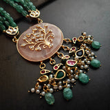 EXCLUSIVE ROSE QUARTZ KUNDAN JADAU PENDANT WITH SEMI PRECIOUS STONE STRING AND HANGINGS