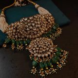 EXCUISITE DESIGNER POLKI KUNDAN CHOKER WITH EARRINGS AND FLUORITE STONE HANGINGS