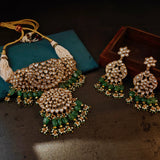 EXCUISITE DESIGNER POLKI KUNDAN CHOKER WITH EARRINGS AND FLUORITE STONE HANGINGS