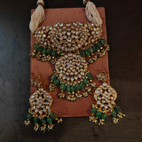 EXCUISITE DESIGNER POLKI KUNDAN CHOKER WITH EARRINGS AND FLUORITE STONE HANGINGS