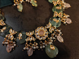 FINEST QUALITY BIKANERI KUNDAN NECKLACE WITH SEMI PRECIOUS STONE HANGINGS AND EARRINGS