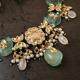 FINEST QUALITY BIKANERI KUNDAN NECKLACE WITH SEMI PRECIOUS STONE HANGINGS AND EARRINGS
