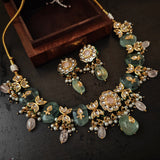 FINEST QUALITY BIKANERI KUNDAN NECKLACE WITH SEMI PRECIOUS STONE HANGINGS AND EARRINGS