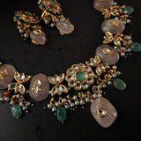 FINEST QUALITY BIKANERI KUNDAN NECKLACE WITH SEMI PRECIOUS STONE HANGINGS AND EARRINGS
