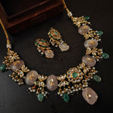 FINEST QUALITY BIKANERI KUNDAN NECKLACE WITH SEMI PRECIOUS STONE HANGINGS AND EARRINGS