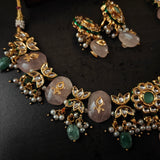 FINEST QUALITY BIKANERI KUNDAN NECKLACE WITH SEMI PRECIOUS STONE HANGINGS AND EARRINGS