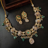 FINEST QUALITY BIKANERI KUNDAN NECKLACE WITH SEMI PRECIOUS STONE HANGINGS AND EARRINGS